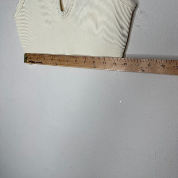Cream Ribbed Knit Cut Front V-Neck Soft Sports Bra Crop Top No Inserts Medium - Picture 7 of 9